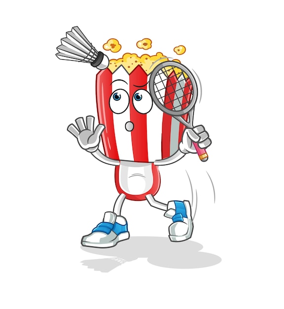 Smash del fumetto della testa del popcorn al vettore della mascotte del fumetto di badminton