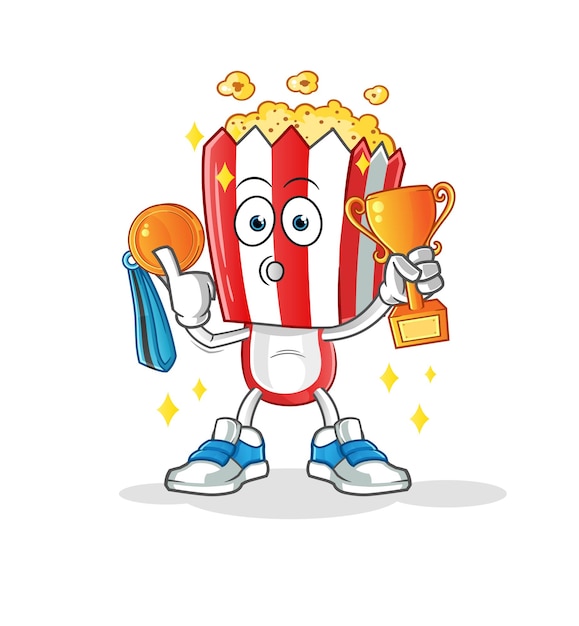 Vector popcorn head cartoon winner with trophie cartoon character