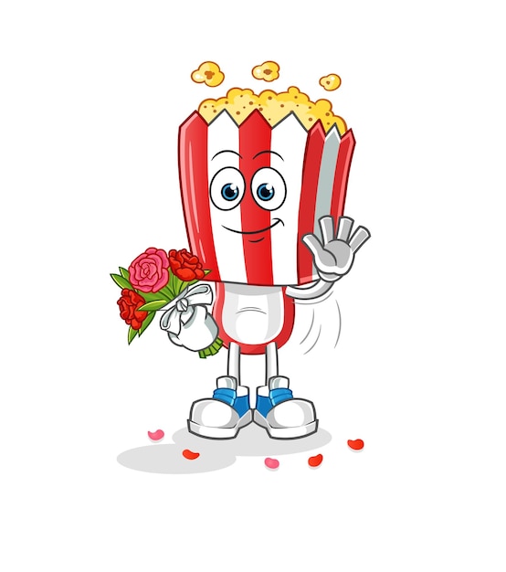 Popcorn head cartoon with bouquet mascot cartoon vector