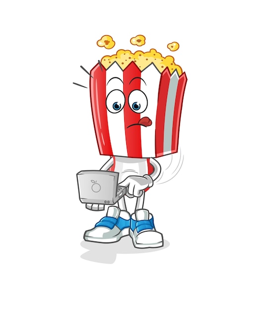 Popcorn hoofd cartoon met laptop mascotte cartoon vector