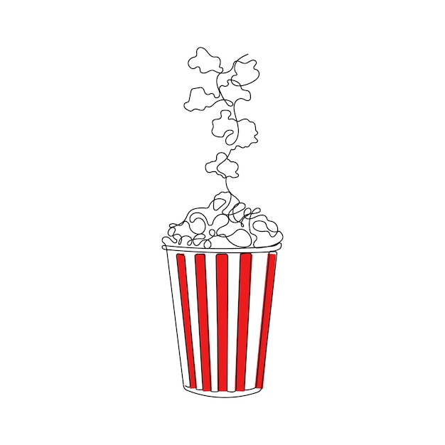 Popcorn in gestripte kartonnen doos. Een lijntekeningen. Snack om films te kijken. Vector illustratie.