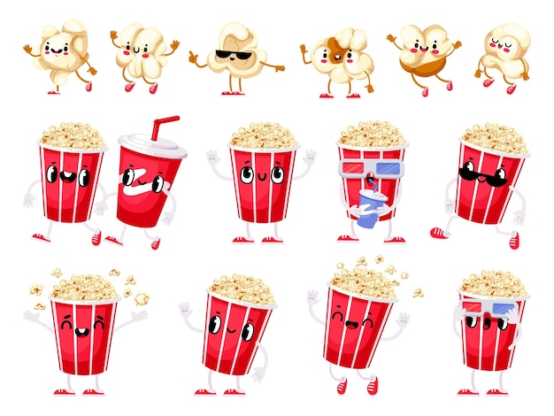 Талисман попкорна Мультяшный сладкий и соленый попкорн фильм забавный персонаж закуски с милым счастливым лицом руками и ногами Векторная еда для просмотра сериалов и кино