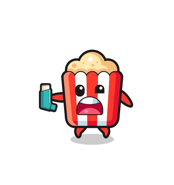 Popcorn mascot having asthma while holding the inhaler cute design