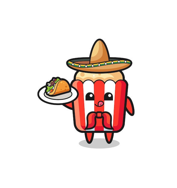 Popcorn Mexicaanse chef-kok mascotte met een taco, schattig ontwerp