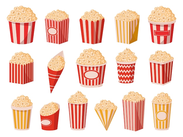 Bicchieri di carta per popcorn cartoon gustosi secchi per popcorn sapore salato o dolce tv o film che guardano uno spuntino piatto vettore illustrazione set collezione di secchi di mais scoppiettante