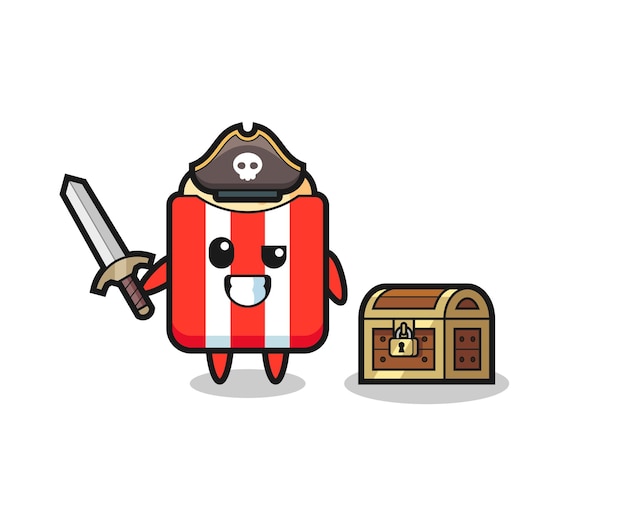 Il personaggio pirata popcorn tiene la spada accanto a una scatola del tesoro, design in stile carino per maglietta, adesivo, elemento logo