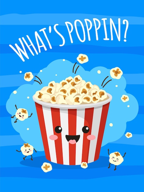 Poster di popcorn simpatico secchio di popcorn con faccina sorridente stampa cinema cinema con snack alimentari food