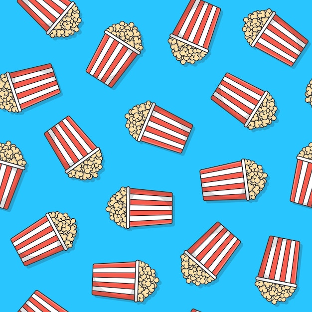 Vettore seamless pattern di popcorn su sfondo blu. illustrazione dell'icona delle scatole del secchio del popcorn