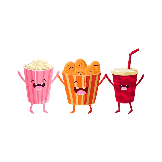 Popcorn soda en chips cartoon vrienden kleurrijke grappige platte vector geïsoleerde illustratie op witte achtergrond