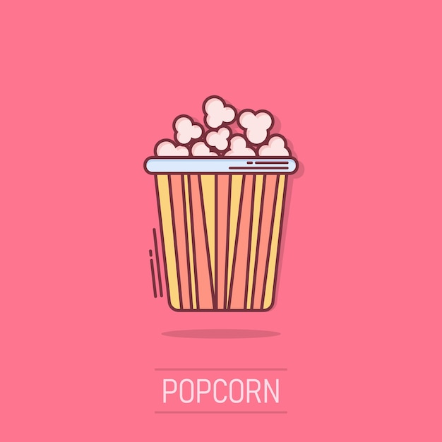 Vector popcorn vector icon in comic style cinema food illustration on white background popcorn sign splash effect concept