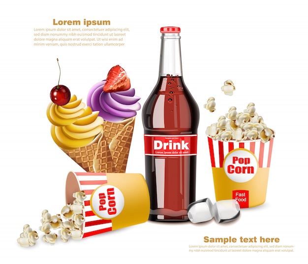 Popcorn with  ice cream and soda drink