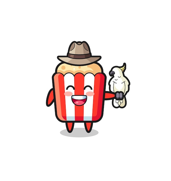 Popcorn zookeeper mascot with a parrot , cute design