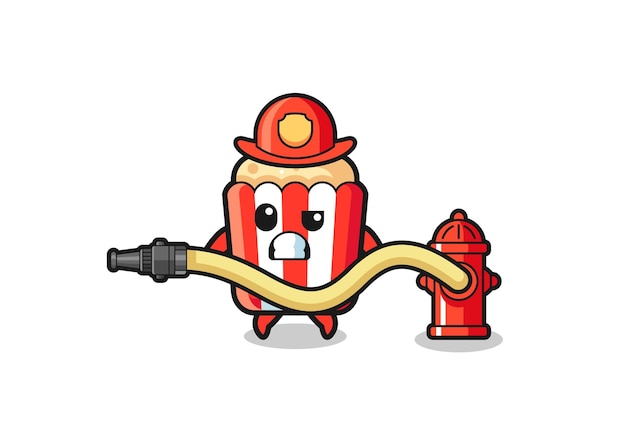 Popcorncartoon als brandweermanmascotte met waterslang