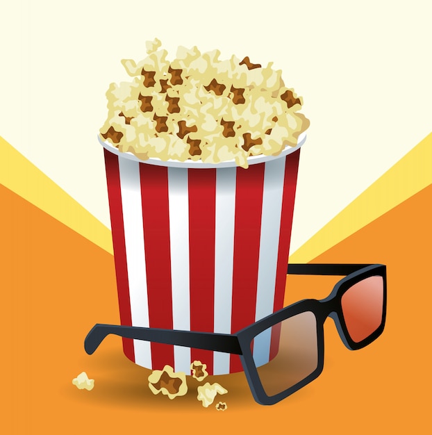 Popcornemmer en 3d glazen over sinaasappel en wit