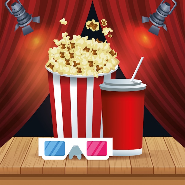 Vector popcornemmer met sodakop en 3d glazen over rode theatergordijnen