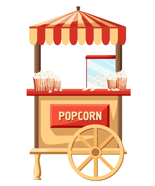 Popcornkar carnavalswinkel en leuke festivalkar. popcorn cartoon heerlijke smakelijke retro auto. candy corn container verkoper snack food markt illustratie. website pagina mobiele app