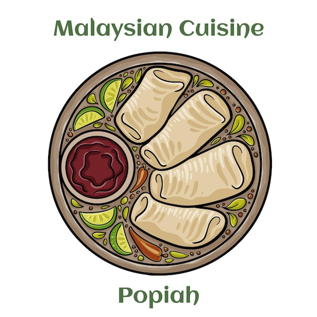 Попиа Тонкая бумажная обертка для блинов или блинов с начинкой из вареных овощей и мяса. Малазийская кухня.