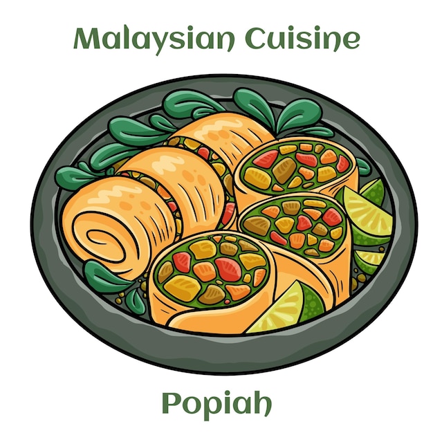 Popiah A thin paperlike crepe or pancake wrapper stuffed with a filling made of cooked vegetables and meats Malaysian Cuisine