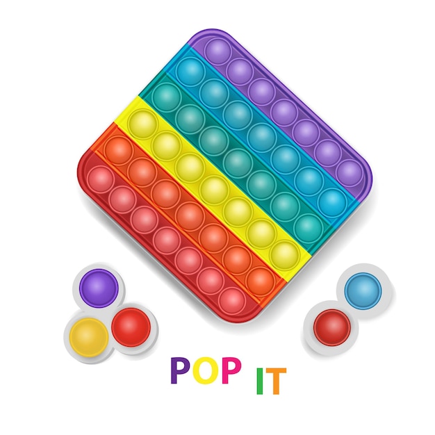 Popit en eenvoudig kuiltje kleurrijk regenboog fidget zintuiglijk antistress speelgoed pop it voor kinderen. Vector illustratie.