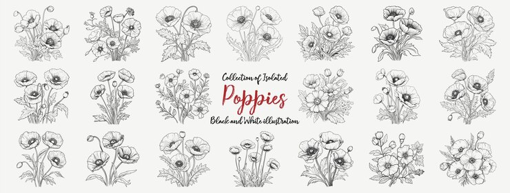 ケシの花ベクトル線画コレクション ケシの手描きのスケッチ季節プロモーション販売ロマンチックなグリーティング カード ポスター バナー印刷背景なしで分離された花柄