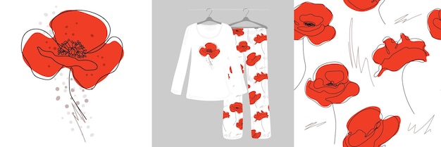 벡터 흰색 배경에 양귀비 꽃 연속 선화 원활한 패턴 여성 잠옷