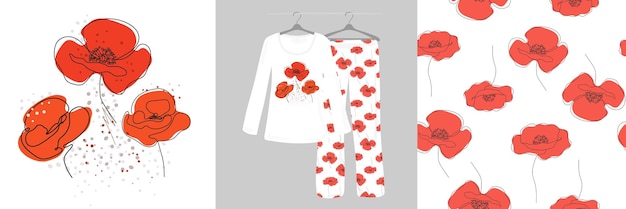 Poppies flower continuous line drawing on white background Seamless pattern  Women's pajamas