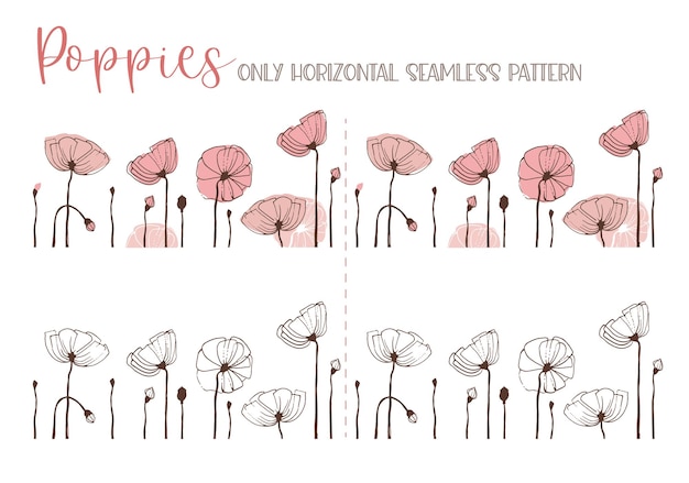 Poppies only horizontal seamless pattern hand drawing
