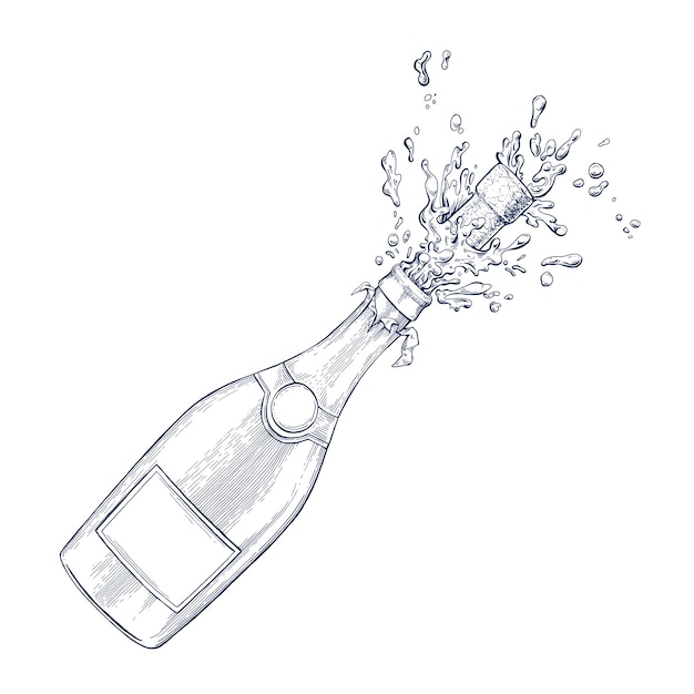 popping bottle of champagne hand drawn isolated vector illustration sparkling wine sketch engraving
