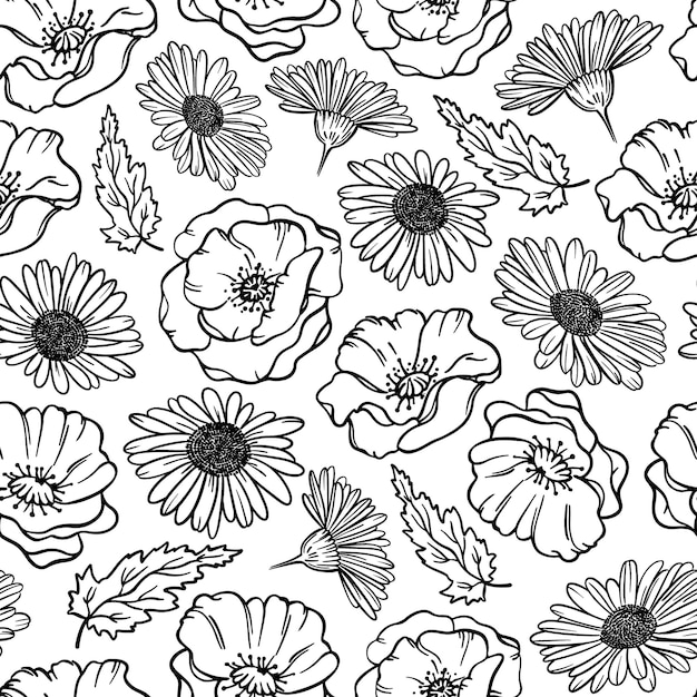 POPPY AND CAMOMILE Monochrome Floral Sketch With Flower Grass And Bud  Cartoon Seamless Pattern