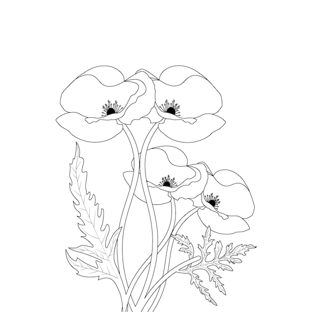 벡터 성인을 위한 양귀비 꽃 색칠 페이지