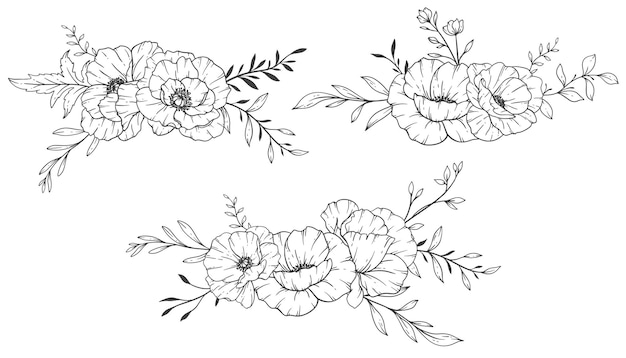 Poppy Flower Line Art Fine Line Poppy Bouquets Hand Drawn Illustration Coloring Page with Flowers