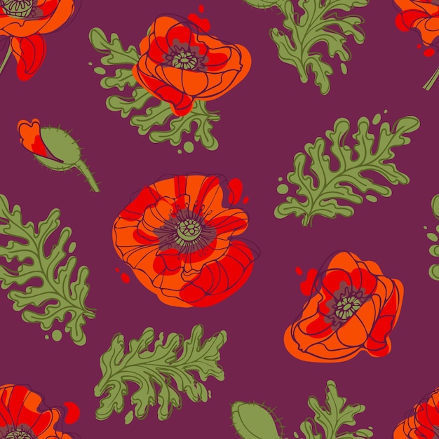 Poppy flowers and leaves on a purple background Bright summer pattern In warm colors Botanical illustration for wallpaper background fabric wrapping