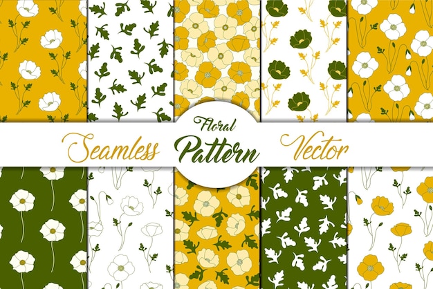 Poppy flowers with leaves seamless repeat set of pattern