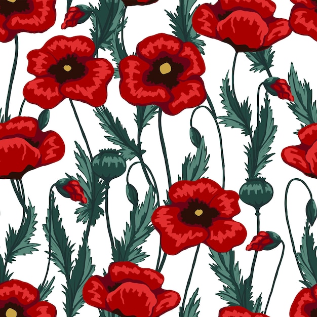 Poppy plants seamless pattern. Abstract vector floral illustration. Wildflowers ornament. Vintage design for print, background, textile, wallpaper, decor.