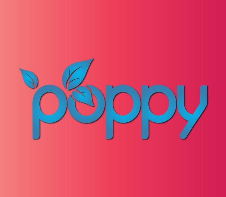 Vector poppy in stylized lettering with green leaves surrounding it