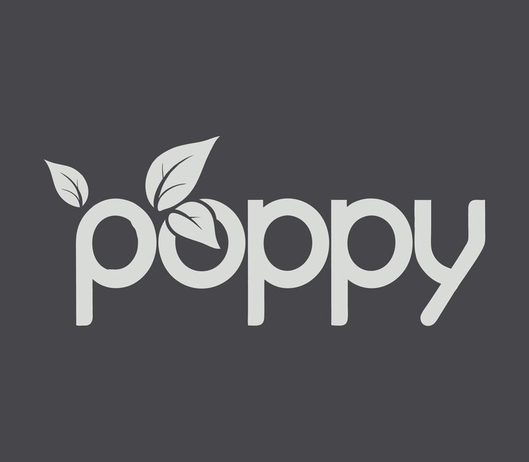 Vector poppy in stylized lettering with green leaves surrounding it