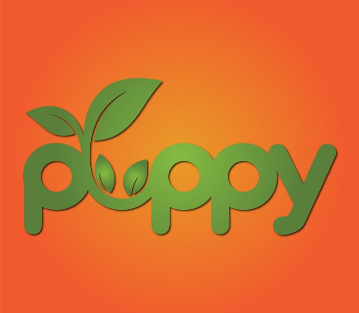 Vector poppy in stylized lettering with green leaves surrounding it