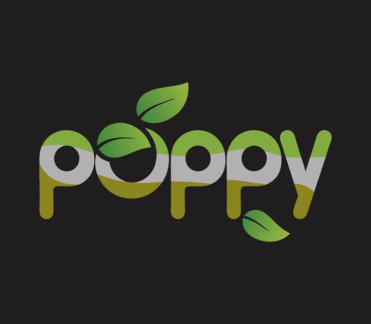 Vector poppy in stylized lettering with green leaves surrounding it