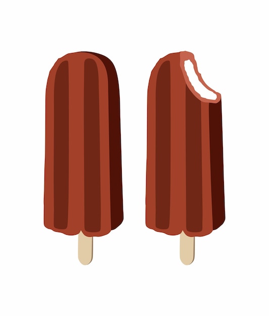 Popsicle chocolate glaze ice cream on wooden stick Eskimo pie vector sweet dessert illustration