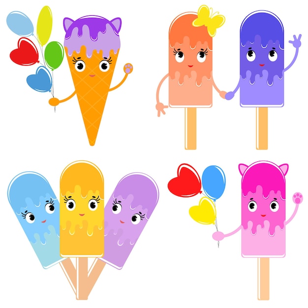 Vector popsicle set cute cartoon characters