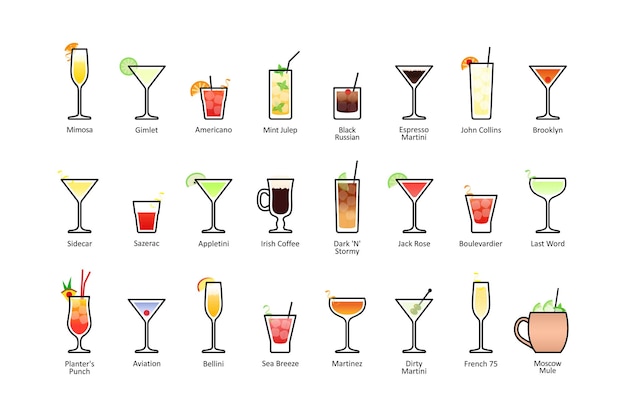 Vector populaire alcoholische cocktails met titels deel 2, pictogrammen instellen in vlakke stijl op witte achtergrond. vector
