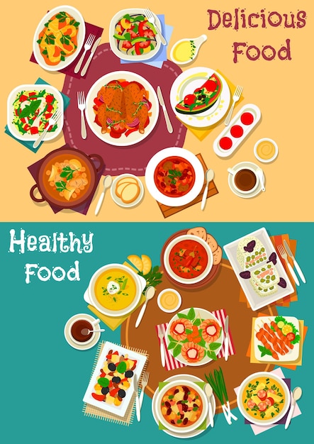Populaire gerechten voor diner icon set voor food design