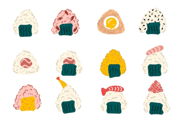 Populaire japans eten onigiri rijst bal collectie perfect voor tee stickers menu en briefpapier geïsoleerde vectorillustratie voor decor en design