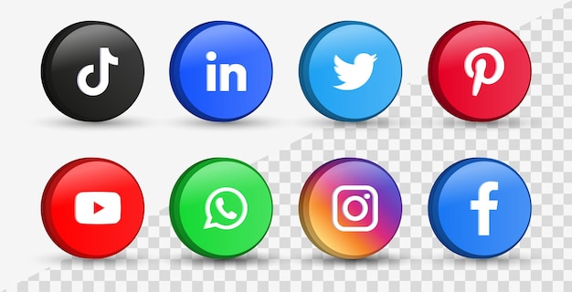 Populaire sociale-mediapictogrammen in 3D-knoppen of logo's van netwerkplatforms