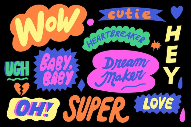 Populaire woorden retro belettering sticker set vector illustraties