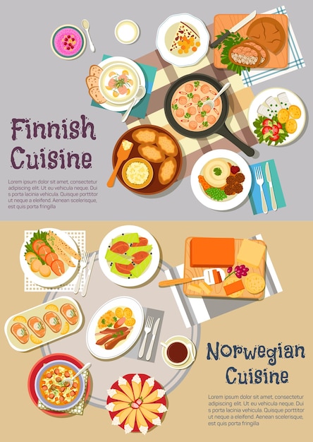 Vector popular dishes of finnish and norwegian cuisines