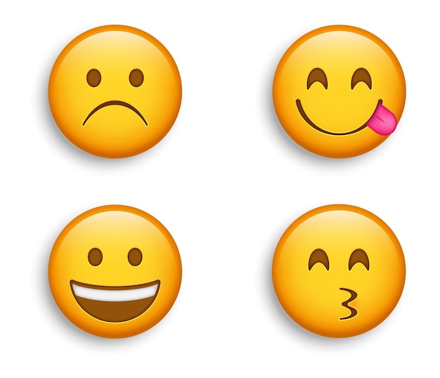 Emoji popolari - tristezza accigliata faccia con emoji sorridenti felici ed emoticon kissy, personaggio licking lips