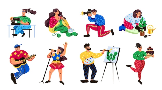Вектор Популярные хобби 8 плоских красочных персонажей, наслаждающихся вязанием, шитьем, пением, кулинарией, рисованием, садоводством, игрой на гитаре, векторной иллюстрацией