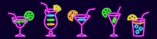 Popular neon glowing cocktails with straws bright pina colada with pineapple wedge