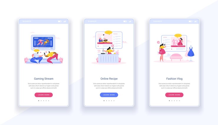 Vector popular online streams trendy recipes screen mobile templates. web banner slides for esports tips delicious homemade food. stylish cosmetology selection of elegant clothes in vector fashion designer.
